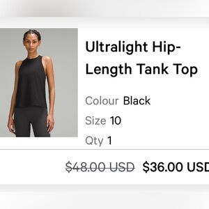 Lululemon ultralight hip-length tank, size 10